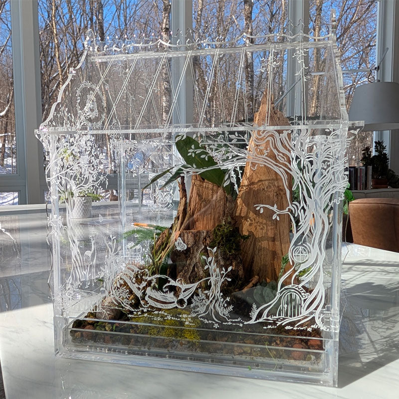 Victorian-inspired terrarium with an engraving of a bear taking a nap in a hammock, surrounded by lush plants and whimsical details.