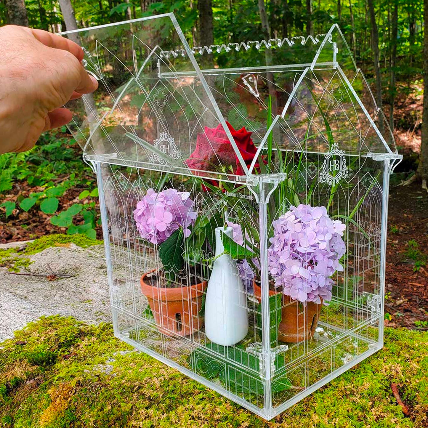 Demonstrating how to open the roof panel of the Gothic-inspired terrarium for easy access and ventilation, ensuring optimal plant care.
