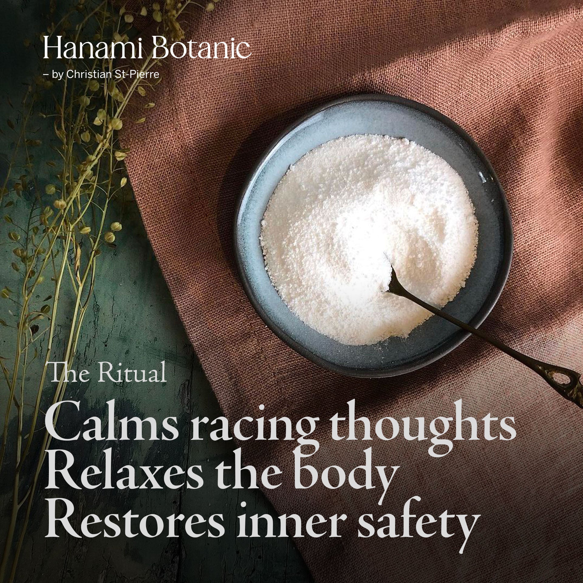Botanical bath salts with Dead Sea minerals and essential oils for anxiety relief, relaxation, and emotional grounding.