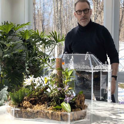 Christian St-Pierre, creator of Hanami Botanic, showcasing the removable top section of his handcrafted Victorian Gothic terrarium. Designed for easy plant care, ideal for orchids and tropical plants.