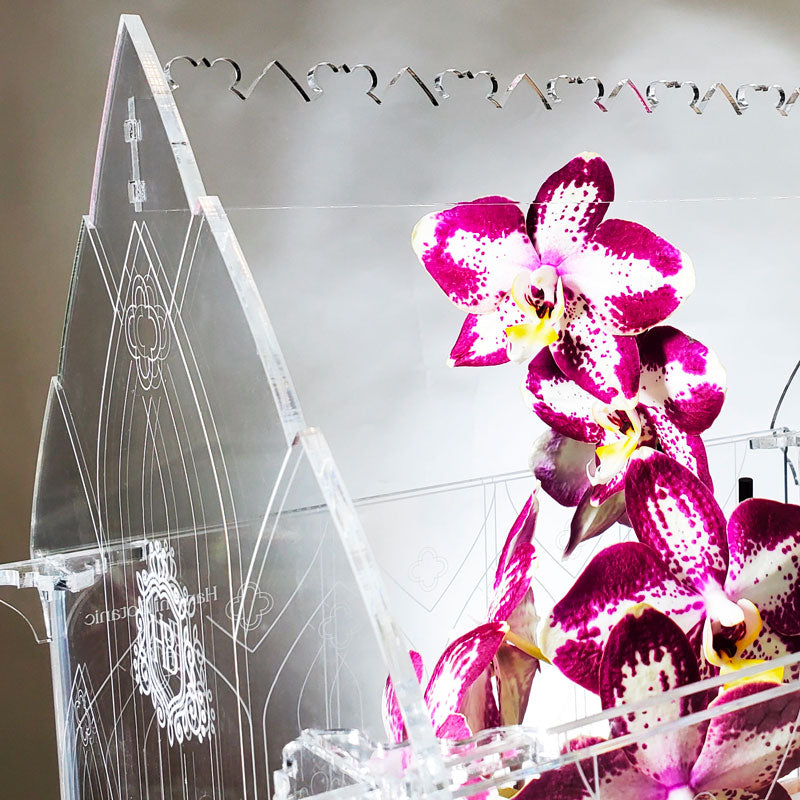 Close-up view of intricate cutwork and engraving details on a Gothic-inspired terrarium, with a large blooming orchid in vibrant color.