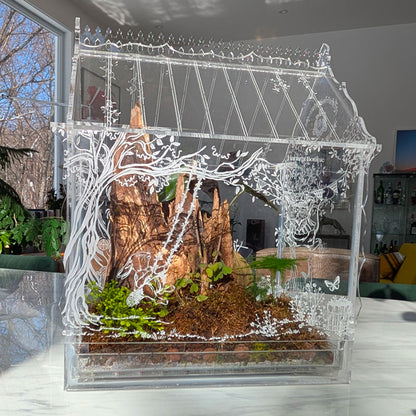 Fairy tale terrarium with an engraving of a rabbit swinging on one side, featuring a lush plant arrangement of moss and ferns inside.