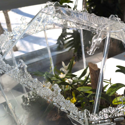 Close-up view of the adjustable ventilation openings on the roof of the handcrafted Victorian Gothic terrarium. Designed to regulate airflow and maintain optimal humidity for orchids and tropical plants.