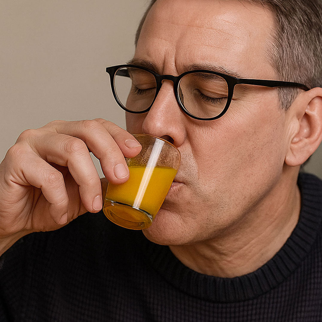 Christian making fresh juice with an Omega juicer, using citrus, ginger, and greens to support mood, energy, and mental clarity.