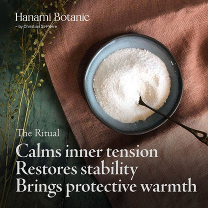 Warming botanical bath salts with Dead Sea minerals and essential oils to calm fear, relieve stress, and promote emotional grounding.