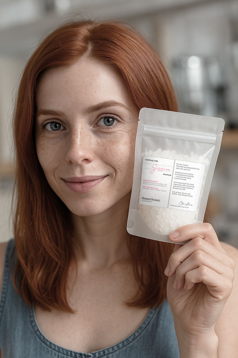 Woman holding a Hanami Acceptance & Sensuality bath soak pouch, symbolizing gentle self-acceptance and a softer connection to her sexuality.