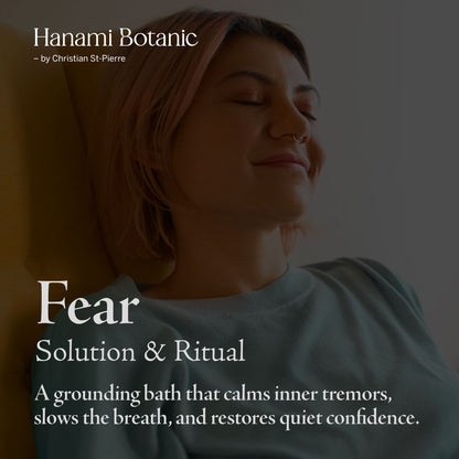 Grounding botanical bath ritual to ease fear and bring calm confidence through earthy, comforting scents.