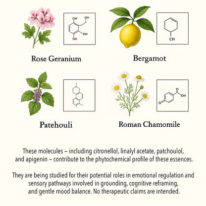 Scientific botanical illustration of Jealousy & Social Comparison essential oils, featuring Rose Geranium, Bergamot, Patchouli, and Roman Chamomile with key phytochemical compounds such as citronellol, linalyl acetate, patchoulol, and apigenin.