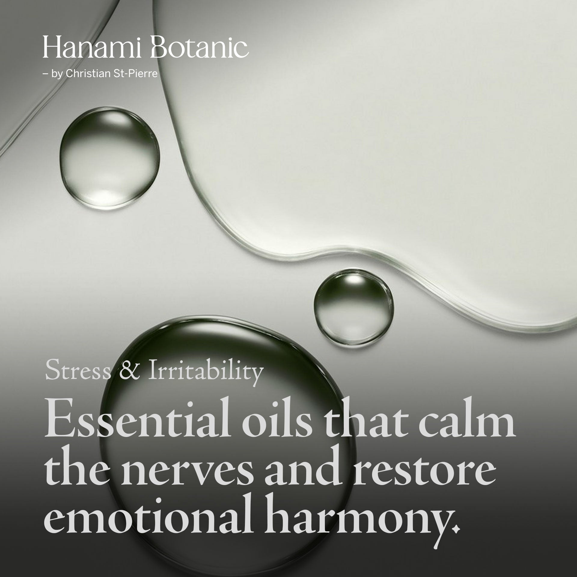 Essential oil bottles on a calm background, symbolizing gentle support for stress, tension, and irritability.